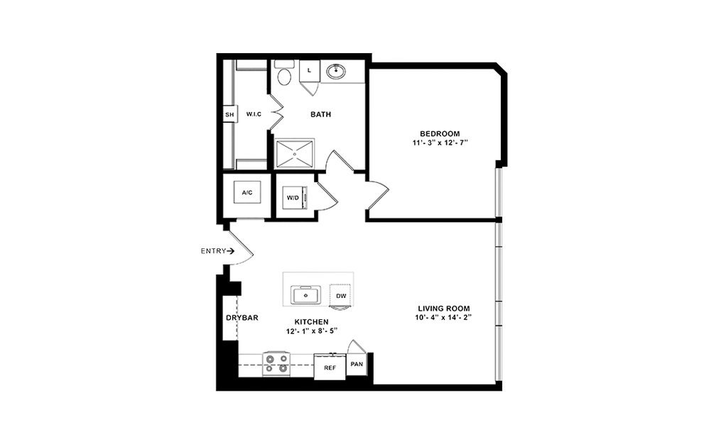 A1 - 1 bedroom floorplan layout with 1 bath and 727 square feet. (2D)