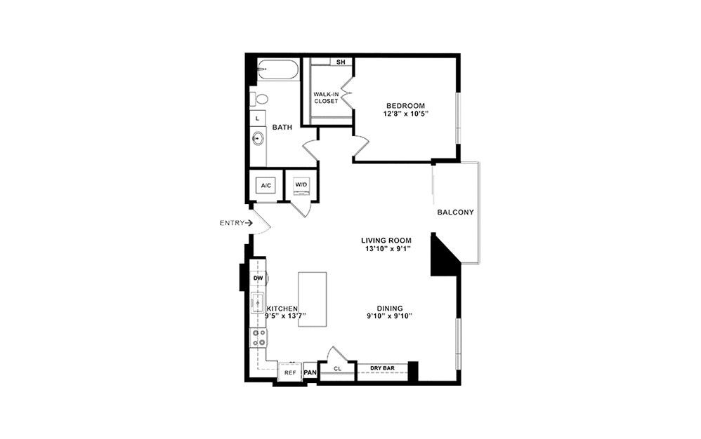 A10 - 1 bedroom floorplan layout with 1 bath and 931 square feet. (2D)