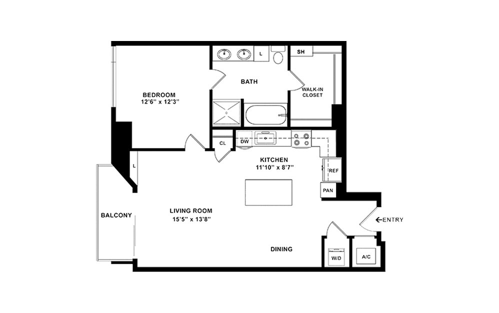 A5 - 1 bedroom floorplan layout with 1 bath and 865 square feet. (2D)