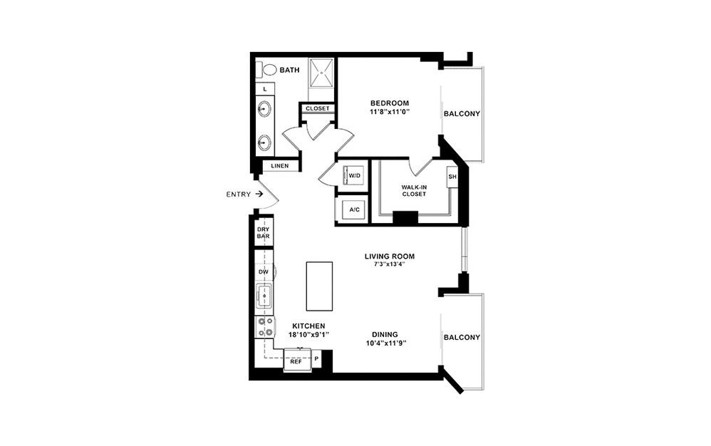A7 - 1 bedroom floorplan layout with 1 bath and 872 square feet. (2D)