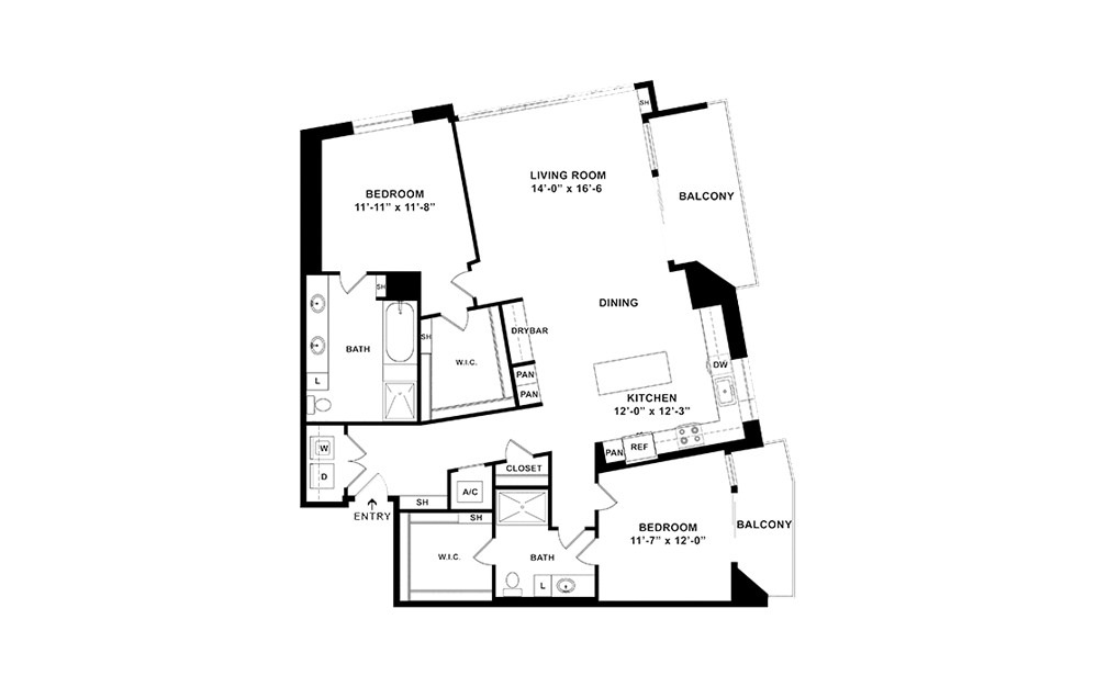 B13 - 2 bedroom floorplan layout with 2 baths and 1640 square feet. (2D)