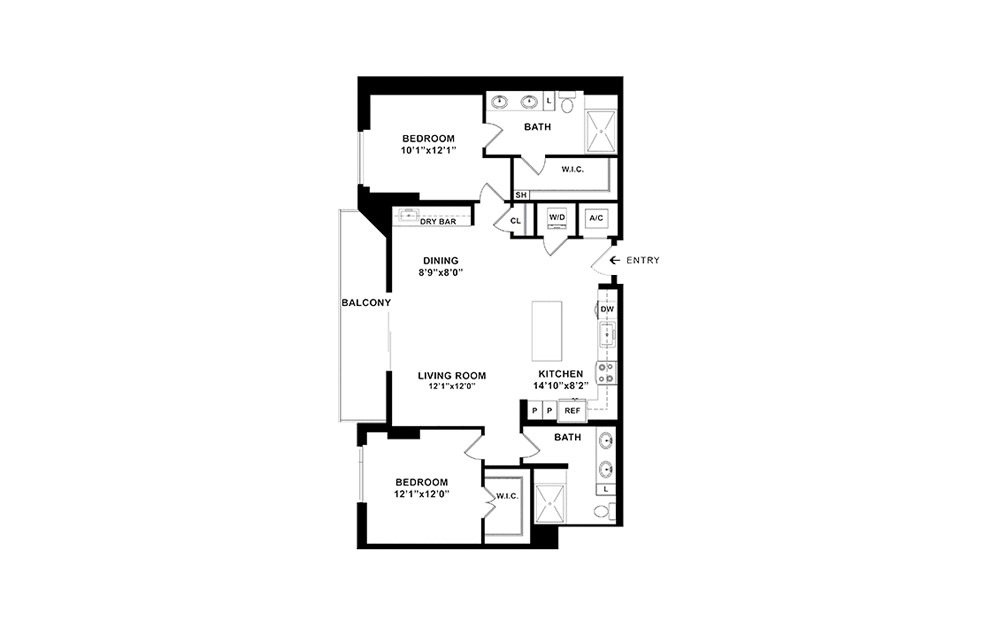 B2 - 2 bedroom floorplan layout with 2 baths and 1272 square feet. (2D)