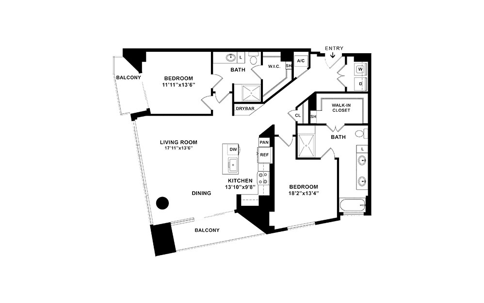 B9 - 2 bedroom floorplan layout with 2 baths and 1497 square feet. (2D)