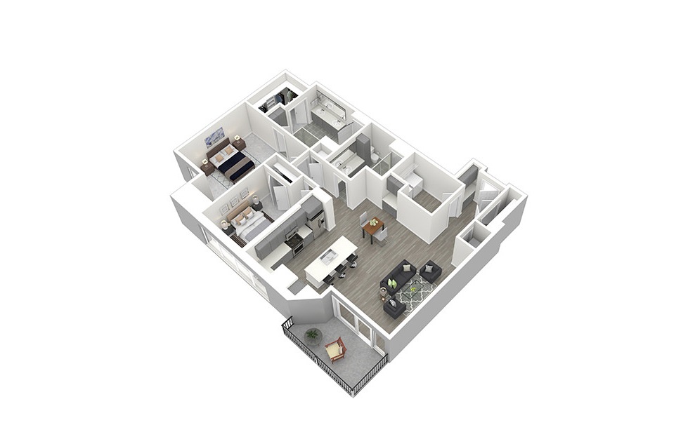 P1 - 2 bedroom floorplan layout with 2 baths and 1488 square feet. (3D)